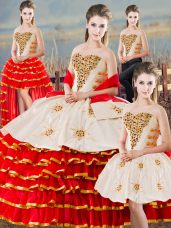 Custom Design White And Red Ball Gowns Beading and Ruffled Layers Quinceanera Gowns Lace Up Organza Sleeveless Floor Length