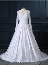 White Wedding Gown Tulle Brush Train Long Sleeves Lace