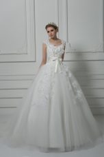 Exquisite Tulle Sleeveless Wedding Dress Brush Train and Lace and Appliques and Belt and Hand Made Flower
