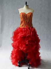 Wine Red Womens Evening Dresses Prom and Party with Beading and Ruffles Sweetheart Sleeveless Lace Up