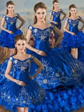 Off The Shoulder Sleeveless Satin Sweet 16 Dress Embroidery and Ruffled Layers Lace Up