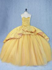 Dramatic Sweetheart Sleeveless Court Train Lace Up Sweet 16 Dresses Gold Satin and Tulle
