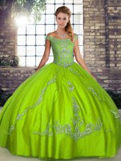 Glittering Sleeveless Tulle Floor Length Lace Up 15 Quinceanera Dress in Green with Beading and Embroidery
