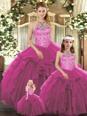 Floor Length Lace Up Vestidos de Quinceanera Fuchsia for Military Ball and Sweet 16 and Quinceanera with Beading and Ruffles