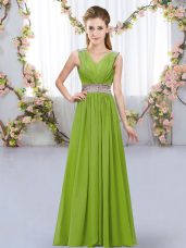 Best Selling Olive Green Chiffon Lace Up Quinceanera Court Dresses Sleeveless Floor Length Beading and Belt