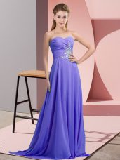Sumptuous Halter Top Sleeveless Homecoming Dress Floor Length Beading and Ruching Lavender Chiffon