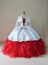 White And Red Sweetheart Neckline Embroidery and Ruffles 15th Birthday Dress Sleeveless Lace Up