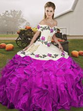 Customized White And Purple Ball Gowns Off The Shoulder Sleeveless Organza Floor Length Lace Up Embroidery and Ruffles Quinceanera Gown