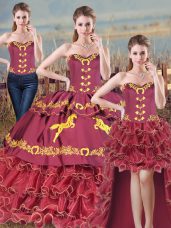 Flare Burgundy Satin and Organza Lace Up Sweet 16 Dresses Sleeveless Brush Train Embroidery and Ruffles