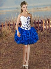 Traditional Mini Length Blue And White Prom Dresses Organza Sleeveless Embroidery and Ruffles