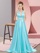 Sleeveless Beading Backless Evening Wear with Aqua Blue Brush Train