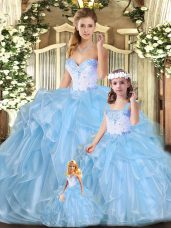 Blue Lace Up Sweetheart Beading and Ruffles Quince Ball Gowns Organza Sleeveless