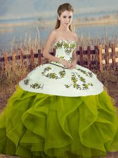 Cheap Olive Green Tulle Lace Up Sweet 16 Quinceanera Dress Sleeveless Floor Length Embroidery and Ruffles and Bowknot