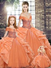 Sleeveless Organza Floor Length Lace Up 15 Quinceanera Dress in Orange with Beading and Ruffles