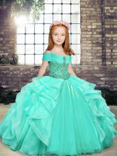 Excellent Straps Sleeveless Child Pageant Dress Floor Length Beading Apple Green Organza