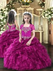 Sleeveless Lace Up Floor Length Beading and Ruffles Little Girls Pageant Dress
