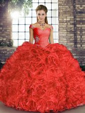 Glorious Coral Red Sleeveless Floor Length Beading and Ruffles Lace Up 15 Quinceanera Dress