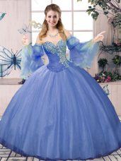 Affordable Beading Vestidos de Quinceanera Blue Lace Up Sleeveless Floor Length