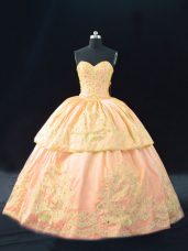 High Quality Peach Lace Up Halter Top Appliques Quinceanera Gowns Satin Sleeveless