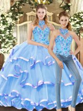 New Arrival Halter Top Sleeveless Organza Sweet 16 Dress Embroidery and Ruffled Layers Lace Up