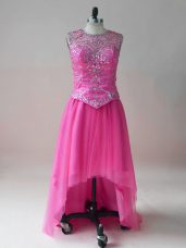 Hot Pink Empire Scoop Sleeveless Tulle High Low Beading Homecoming Dress