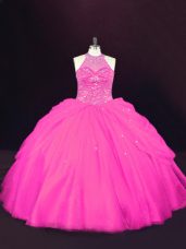 Romantic Floor Length Ball Gowns Sleeveless Hot Pink Ball Gown Prom Dress Lace Up