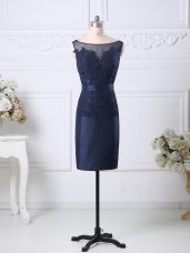 Navy Blue Column/Sheath Scoop Sleeveless Satin Knee Length Zipper Beading and Lace Prom Gown