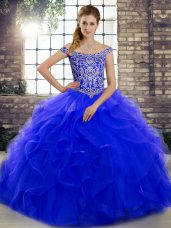 Custom Design Royal Blue Quinceanera Dress Tulle Brush Train Sleeveless Beading and Ruffles