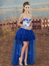 Dramatic Sleeveless Lace Up High Low Embroidery and Ruffled Layers Homecoming Dress
