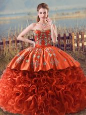 Ideal Fabric With Rolling Flowers Sleeveless Floor Length 15 Quinceanera Dress Brush Train and Embroidery and Ruffles