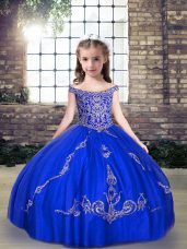Sleeveless Tulle Floor Length Lace Up Kids Pageant Dress in Royal Blue with Beading
