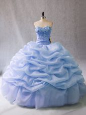 Light Blue Ball Gowns Beading and Pick Ups Quinceanera Gown Lace Up Organza Sleeveless