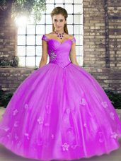 Off The Shoulder Sleeveless Lace Up 15th Birthday Dress Lavender Tulle