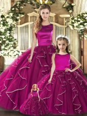 Cute Fuchsia Ball Gowns Tulle Scoop Sleeveless Ruffles Floor Length Lace Up Quinceanera Dress