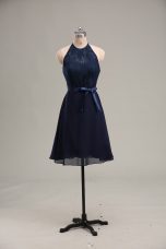 Artistic Navy Blue Chiffon Backless Scoop Sleeveless Mini Length Evening Dress Lace and Appliques