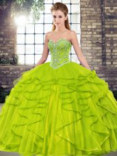 Romantic Sweetheart Sleeveless 15 Quinceanera Dress Floor Length Beading and Ruffles Olive Green Tulle