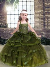 Beading and Ruffles Child Pageant Dress Olive Green Lace Up Sleeveless Floor Length