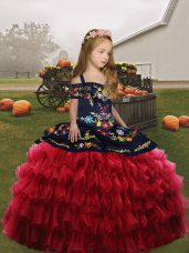 Straps Sleeveless Little Girl Pageant Gowns Floor Length Embroidery Red Organza