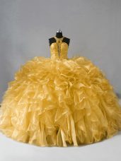 Gold Sleeveless Beading and Ruffles Floor Length Quince Ball Gowns