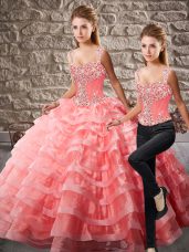 Ball Gowns Sleeveless Watermelon Red Quinceanera Gowns Court Train Lace Up