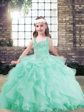 Custom Designed Apple Green Sleeveless Floor Length Beading and Ruffles Lace Up Girls Pageant Dresses