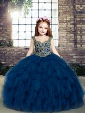 Great Navy Blue Sleeveless Beading and Ruffles Floor Length Pageant Dress