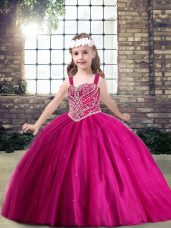 Fuchsia Ball Gowns Beading High School Pageant Dress Lace Up Tulle Sleeveless Floor Length