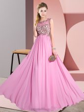 Rose Pink Empire Beading and Appliques Bridesmaid Dresses Backless Chiffon Sleeveless Floor Length