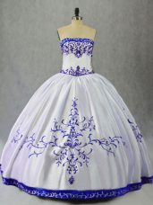 Fitting Blue And White Ball Gown Prom Dress Sweet 16 and Quinceanera with Embroidery Strapless Sleeveless Lace Up