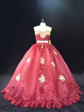 Dynamic Red and Burgundy Sweetheart Neckline Appliques Quince Ball Gowns Sleeveless Zipper