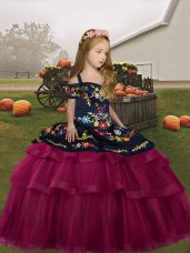 Elegant Fuchsia Ball Gowns Embroidery and Ruffled Layers Little Girl Pageant Gowns Lace Up Tulle Sleeveless Floor Length