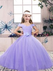 Best Lavender Ball Gowns Tulle Off The Shoulder Sleeveless Lace and Belt Floor Length Lace Up Custom Made Pageant Dress