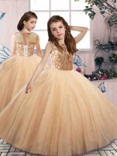Customized Sleeveless Tulle Floor Length Lace Up Little Girls Pageant Dress Wholesale in Champagne with Beading