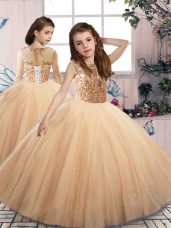 Customized Sleeveless Tulle Floor Length Lace Up Little Girls Pageant Dress Wholesale in Champagne with Beading